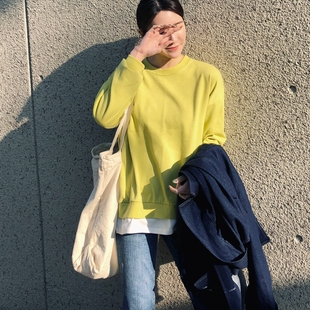 韩国女装 卫衣 秋冬假两件拼接简约宽松圆领套头纯棉毛圈长袖