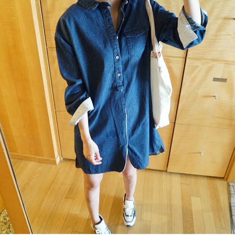 L33韩国女装新款2026长袖纯棉春夏女牛仔连衣裙长款衬衫显瘦