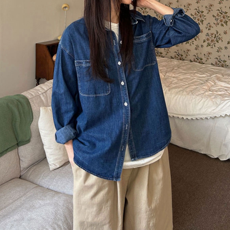 简约宽松翻领长袖棉牛仔衬衫显瘦