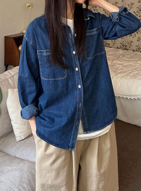 好品质韩国女简约大口袋翻领长袖纯棉牛仔风宽松衬衫春秋显瘦C118