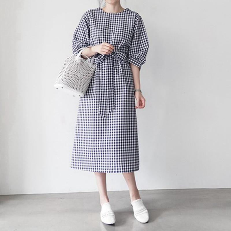 L39韩国女装新款2026格子简约腰带五分袖夏女连衣裙连身裙显瘦