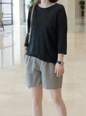 k1018韩国女装2025亚麻凉爽七分袖宽松简约套头素色夏秋女t恤现货