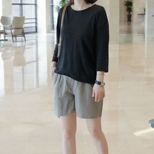 k1018韩国女装 宽松简约套头素色夏秋女t恤现货 2025亚麻凉爽七分袖