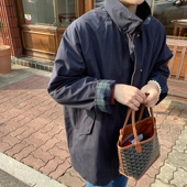 格子拼接秋冬风衣外套防泼水 复古插肩袖 F72韩国女装 宽松法式