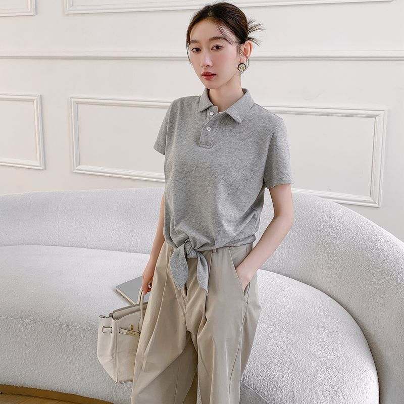 短袖简约绑带POLO棉女装显瘦T恤