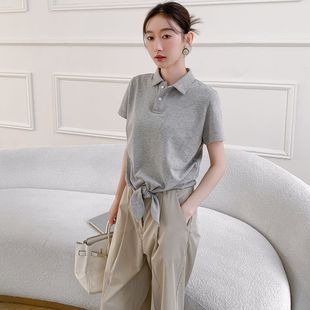 T270韩国夏女新全棉珠地棉套头绑带翻领领短袖 T恤简约显瘦