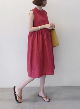 L21韩国女装新款2025亚麻宽松腰凉爽无袖夏女连衣裙背心裙孕现货