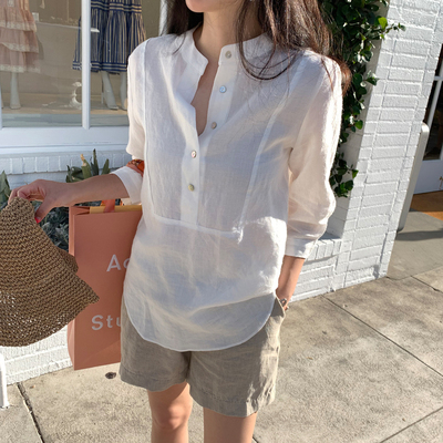 C67韩国女装新款2026亚麻七分袖宽松圆领套头春夏女衬衫通勤凉爽