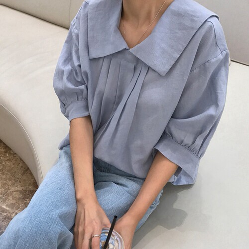 宽松法式套头娃娃领五分袖麻衬衫