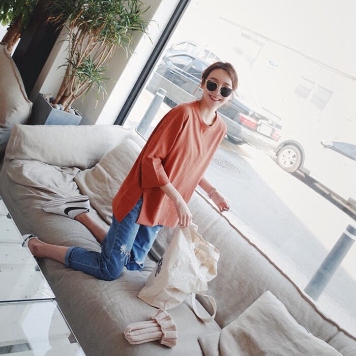 t74韩国女装洗水棉前短后长七分袖宽松春秋圆领套头t恤打底现货