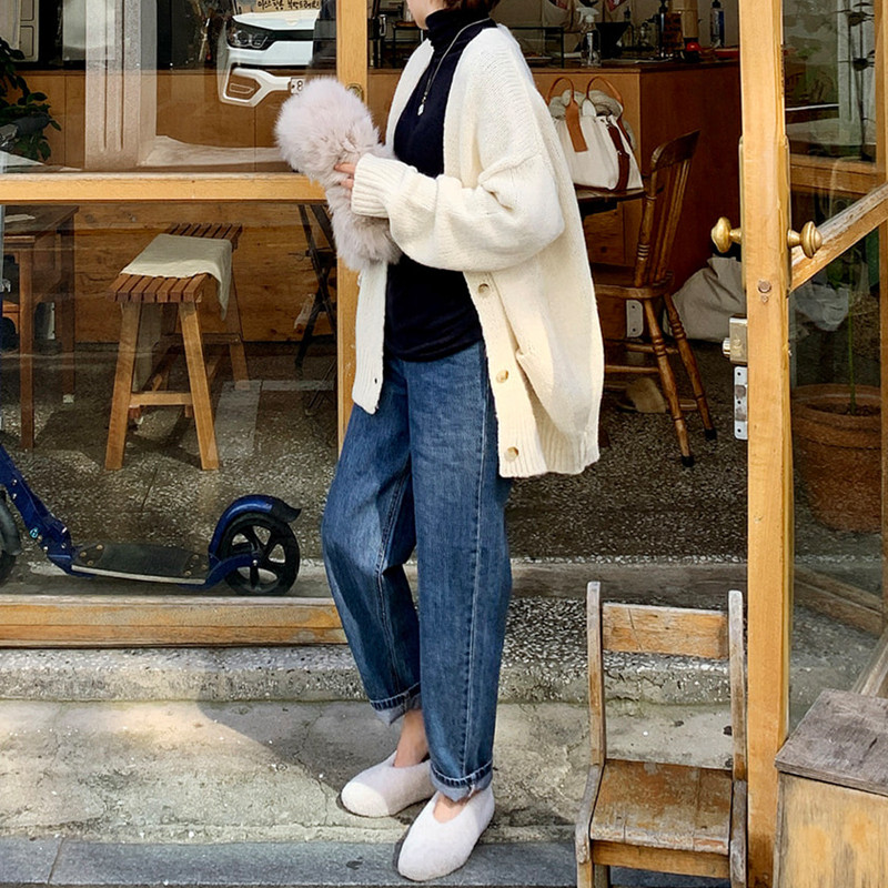 M79韩国女装新款2026棒针宽松慵懒风羊驼毛羊毛秋冬女毛衣开衫v领