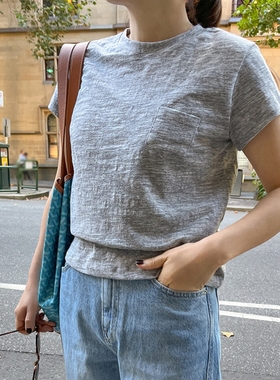 好品质韩国圆领竹节棉口袋短袖夏季女t恤修身打底衫T312