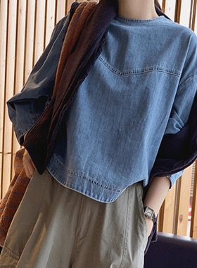 好品质韩国女春夏圆领套头九分袖纯棉短款牛仔上衣衬衫C119