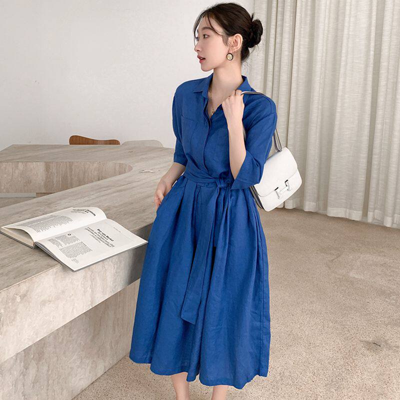 法式文艺宽松亚麻纯色绑带显瘦