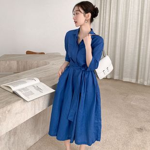 连衣裙春夏秋显瘦通勤 文艺亚麻宽松七分袖 L73韩国女装 法式