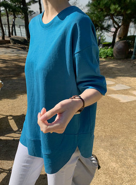 T237韩国女装新款2025拼接设计感宽松圆领夏女短袖t恤棉纯色上衣