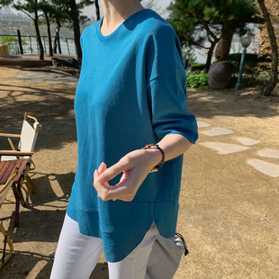 t恤棉纯色上衣 2025拼接设计感宽松圆领夏女短袖 T237韩国女装 新款