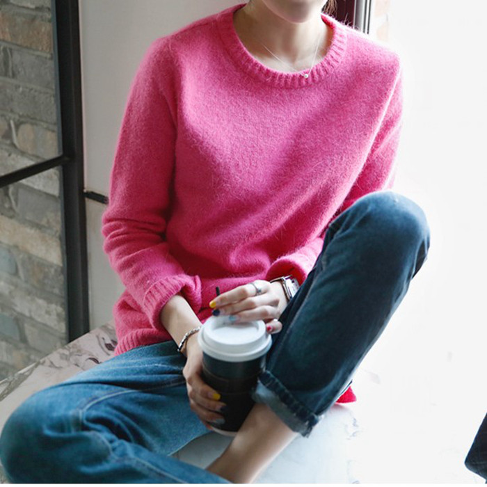 M10韩国女装代安哥拉兔毛糖果色套头简约秋冬女毛衣针织衫现货