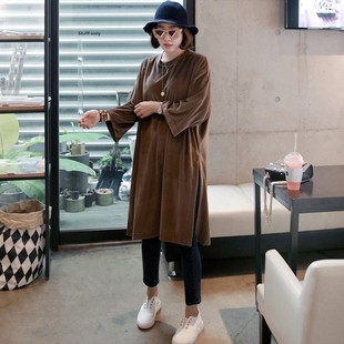 打底衫 T110 春秋女T恤中长款 代开叉宽松丝绒油滑五分袖 韩国女装