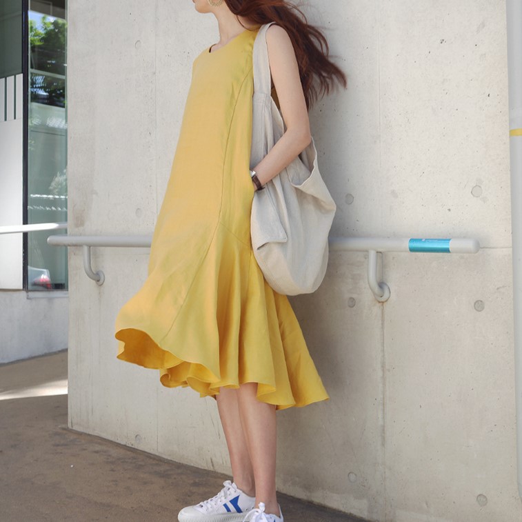 L19韩国女装代新品亚麻荷叶裙摆中长款无袖夏女连衣裙背心裙