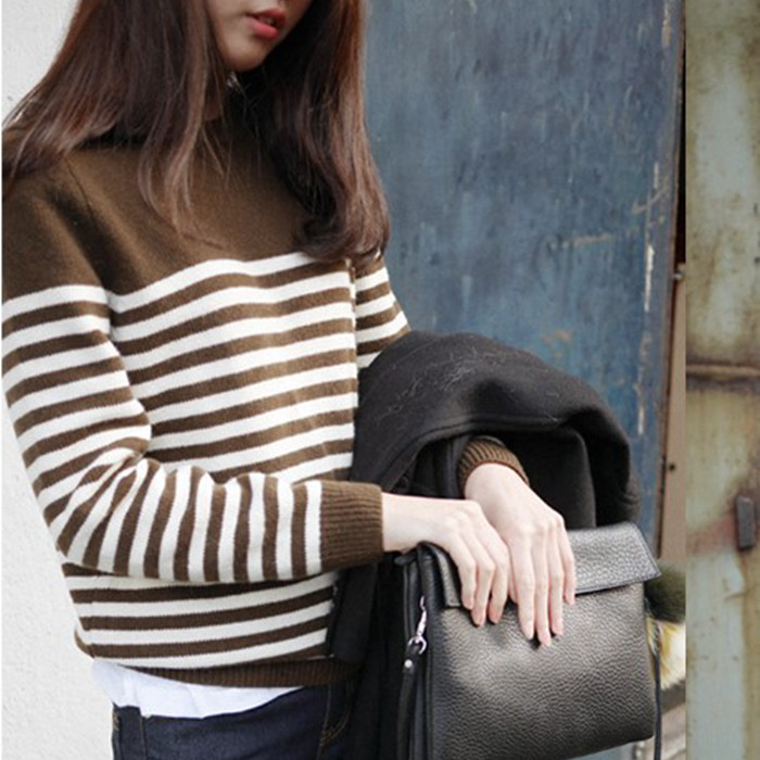 M23韩国女装代简约条纹拼色圆领套头长袖秋冬女毛衣羊毛保暖现货