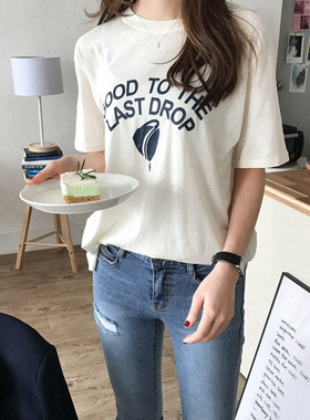 T135韩国女装代新品2025简约宽松英文字母圆领套头夏女短袖T恤