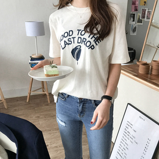 T恤 2025简约宽松英文字母圆领套头夏女短袖 T135韩国女装 代新品