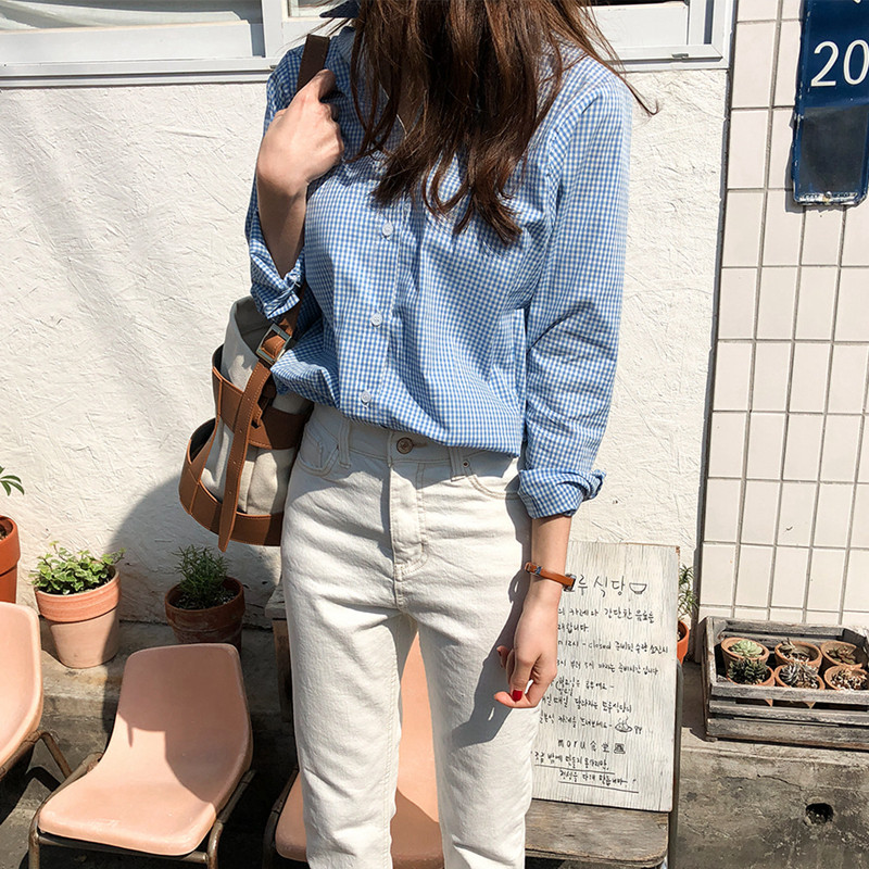 韩系清新蓝格前短后长女衬衫通勤
