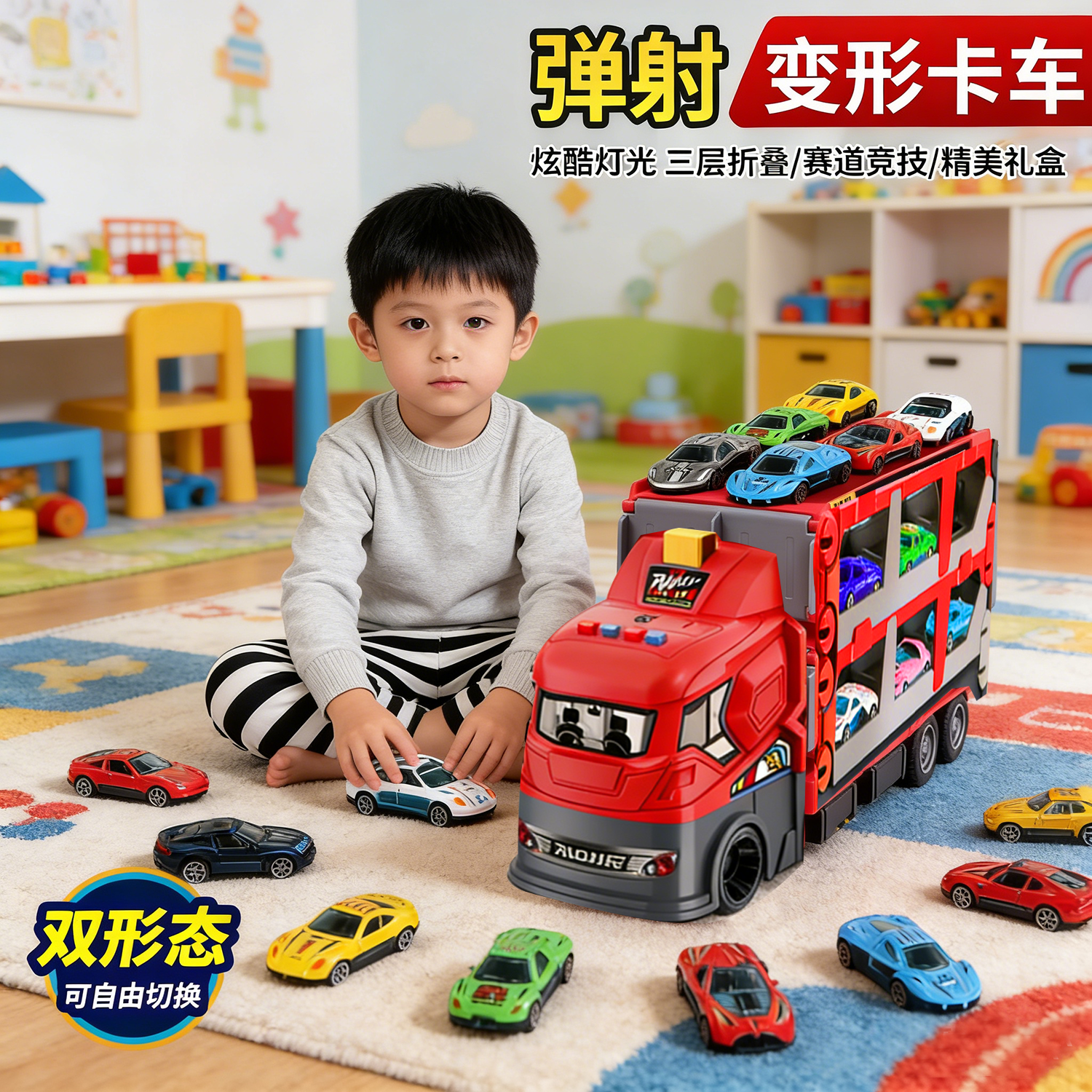 合金弹射变形轨道货柜车玩具1-3岁运输小汽车卡车儿童男孩工程车