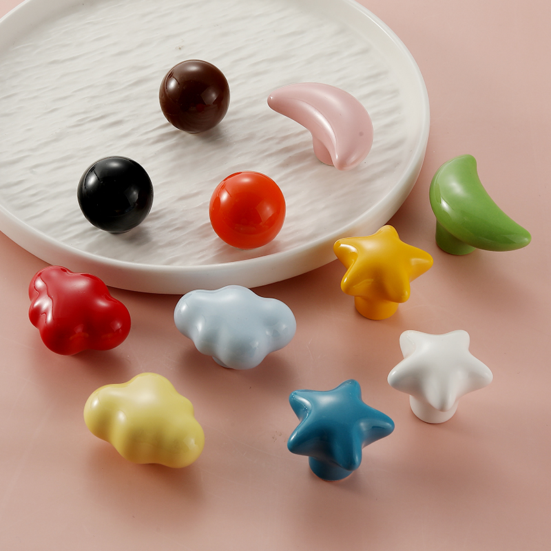 儿童房多彩陶瓷衣柜把手现代童趣月亮星星云朵单孔抽屉柜门拉手