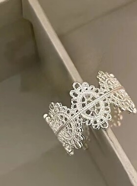 S925纯银镂空蕾丝戒指女复古宫廷风设计感雪花花朵食指指环可调节