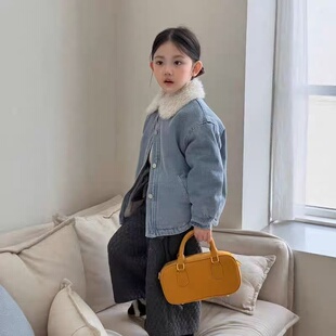 儿童冬装2025新款女童兔毛内里保暖气质牛仔衣毛领休闲加绒外套