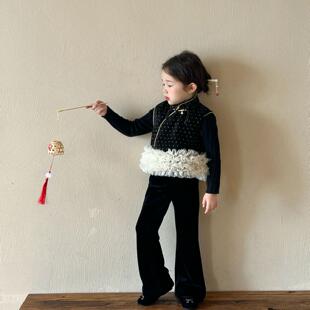 冬季女童新中式套装中小童复古丝绒烫钻拼纱旗袍马甲加绒喇叭裤子