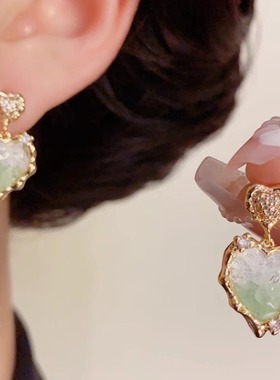 s925银针气质时尚小清新绿色爱心耳坠小众精致甜美百搭设计感