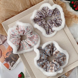 北欧费尔岛～發家秋冬毛绒复古拼色毛线针织花纹大肠发圈发饰发绳