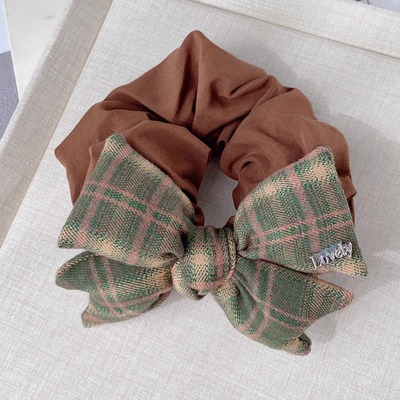 發家橄榄绿格纹充棉蝴蝶结发圈女