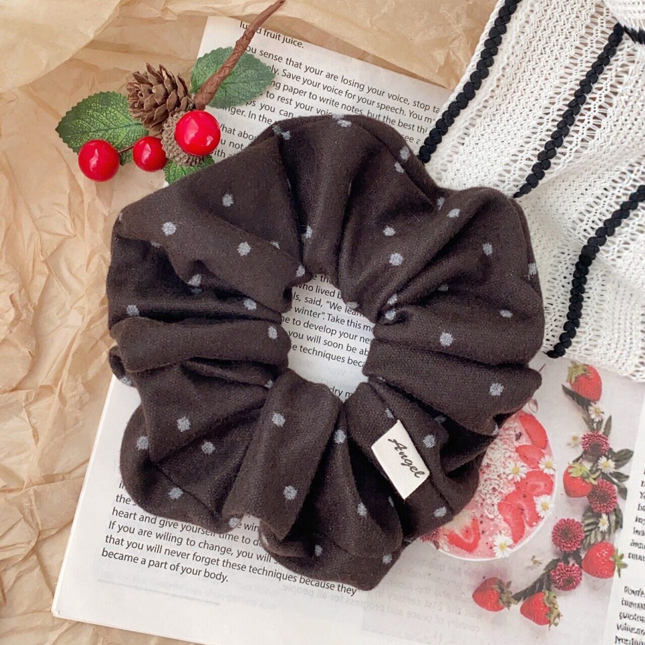 波点深咖～發家韩国毛呢绒面大肠发圈气质甜美质感简约发绳发饰女,饰品/流行首饰/时尚饰品新,发饰,淘宝优惠券,粉丝福利购,淘宝优惠卷