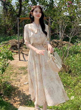 夏季法式甜美雪纺碎花连衣裙