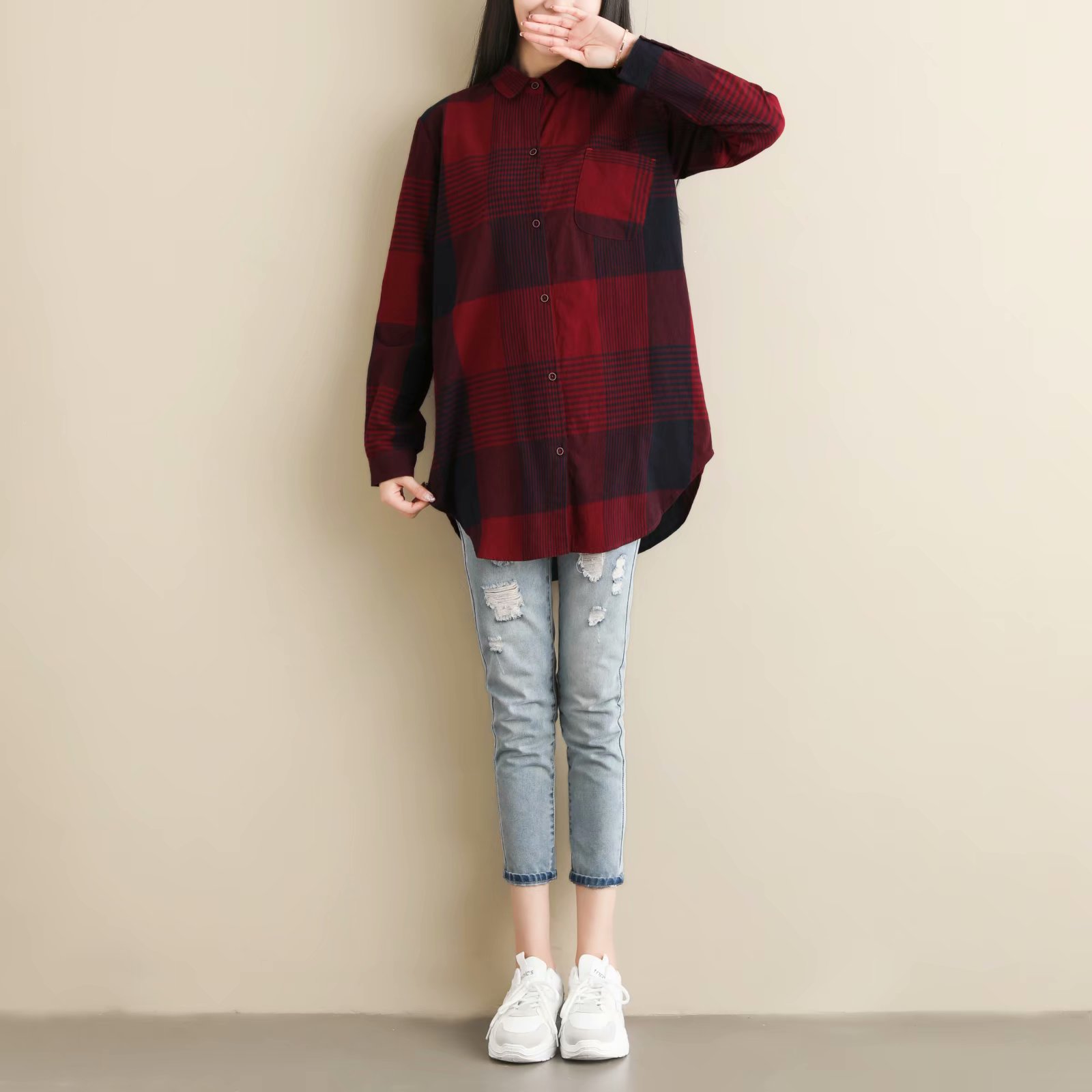 Korean Edition leisure time lattice shirt Mid length version literature Pure cotton cloth shirt Cardigan jacket 2019 New Spring and Autumnin the Women's clothing/Boutique , Shirt  category - from Buy2taobao.com to provide professional Taobao agent buy service