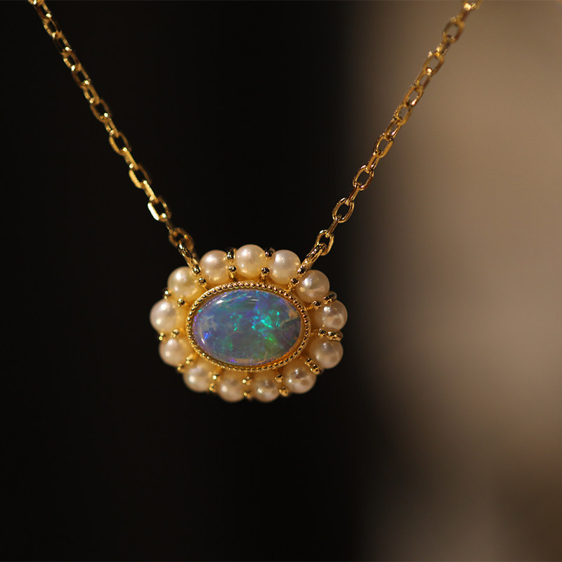 18k金天然欧泊项链黄金opal澳洲产地复古珍珠花边au750链子椭圆