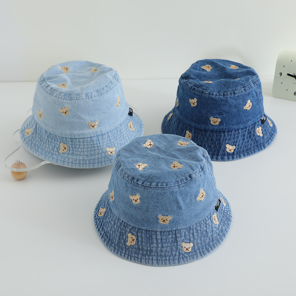 儿童遮阳防晒牛仔帽子春秋薄款可爱小熊男女宝宝渔夫帽水桶盆帽秋
