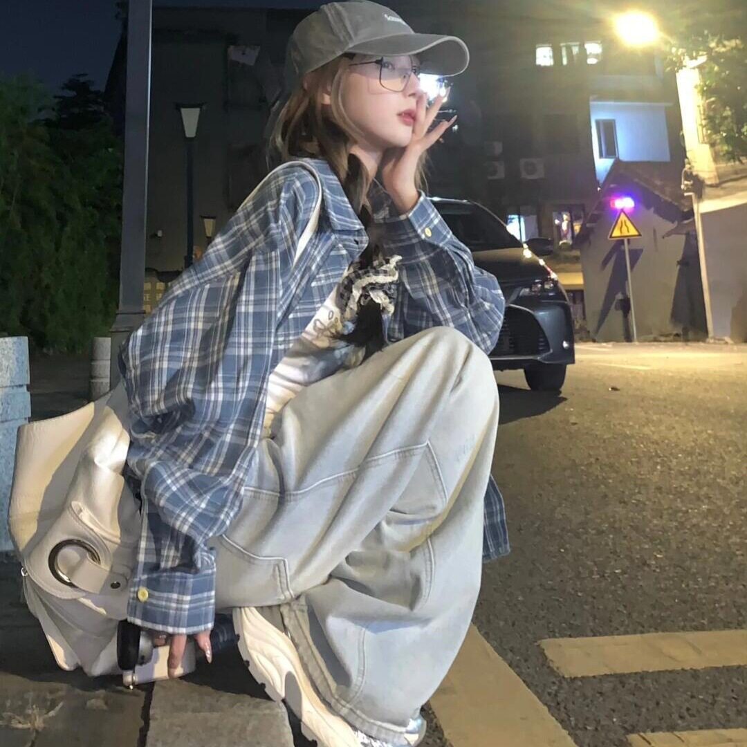 美式小众蓝色格纹长袖女式衬衫2025春秋新款薄款外穿休闲学生