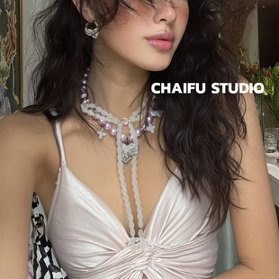 柴夫工作室 Y2K千禧风淡紫珍珠项链混搭水晶蝴蝶结甜酷颈链 X462