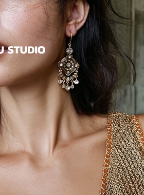 柴夫工作室/E508 vintage中古法式宫廷微镶锆石流苏耳环耳钩耳饰