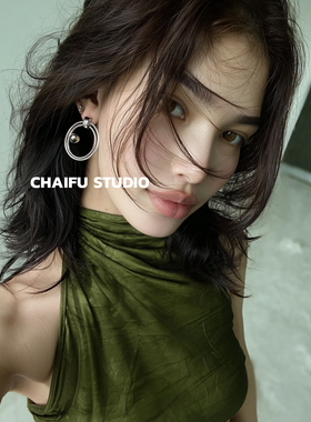 柴夫工作室/R900 欧美嘻哈双层圆圈镂空耳钉小众素圈夸张个性耳环