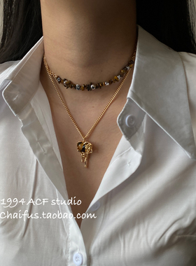 复古vintage叠戴虎眼石项链