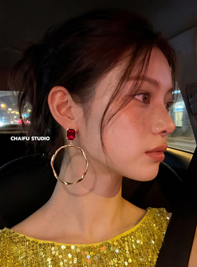 欧美复古水晶扭纹大圈氛围感耳环