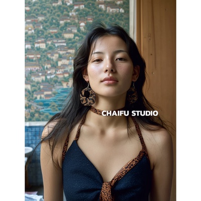 新中式复古木质雕花耳环