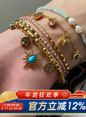 港风复古小众彩宝风钛钢手链