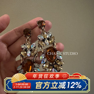 柴夫工作室/E778 复古欧美ins做旧水滴气质夸张镶嵌水钻小众耳环